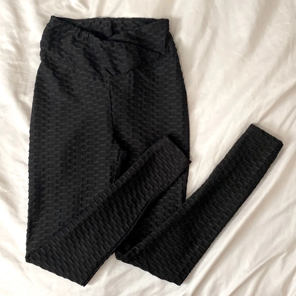 2 PAIRS HONEYCOMB CROSSOVER WAIST LEGGINGS BUTT CONTOUR RUCHING| size: M - Picture 2 of 4